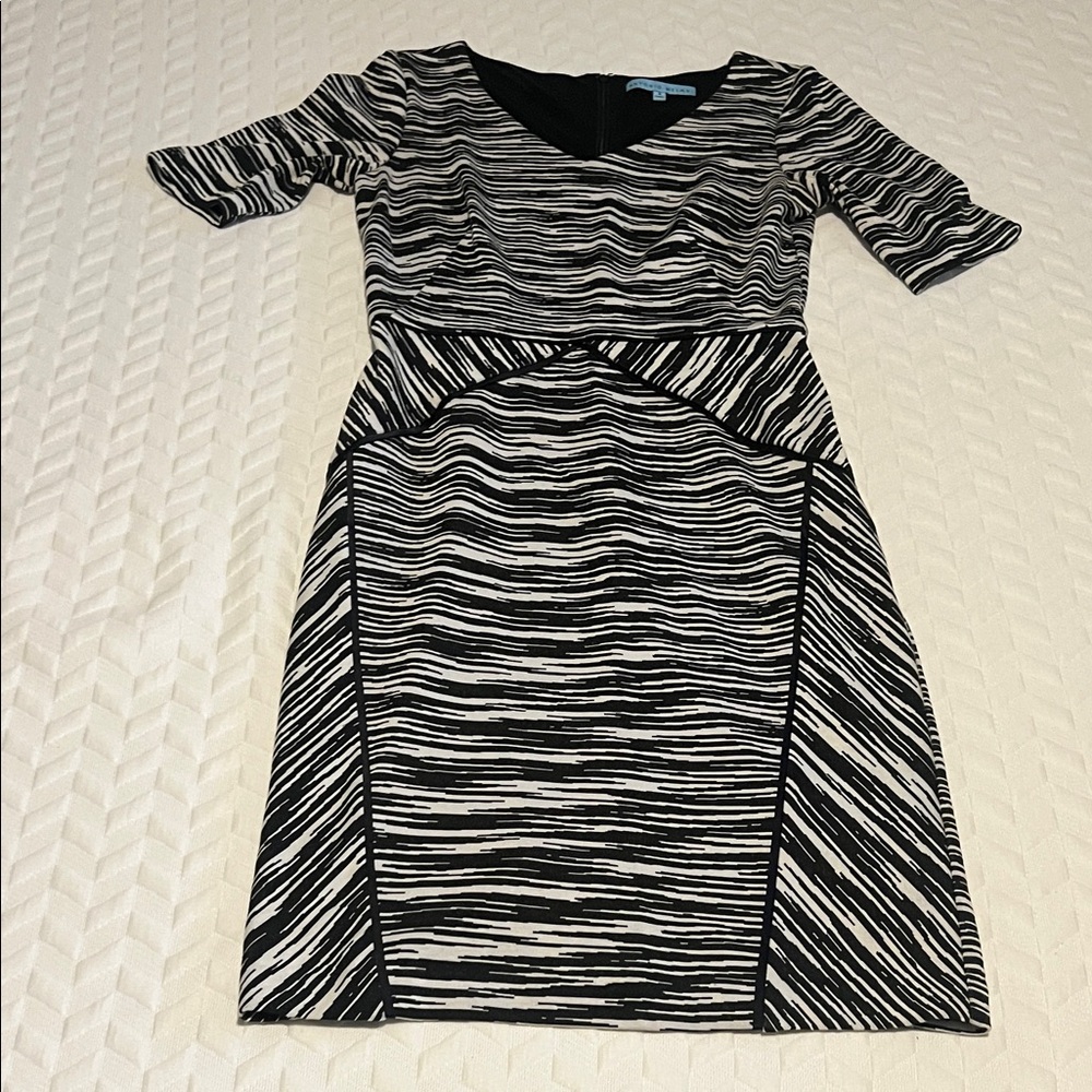 ANTONIO MELANI Black and White Striped Midi Sheath Dress